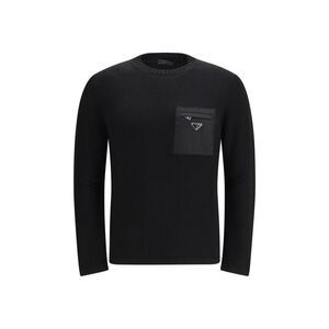 Prada Fleece Wool Sweatshirt with Ribbed Cuffs Men Black Sweaters
